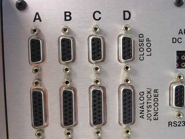 Rear panel detail — four Closed Loop DB15 connectors (A–D) and four Analog Joystick/Encoder DB15 connectors (A–D) with RS-232 port