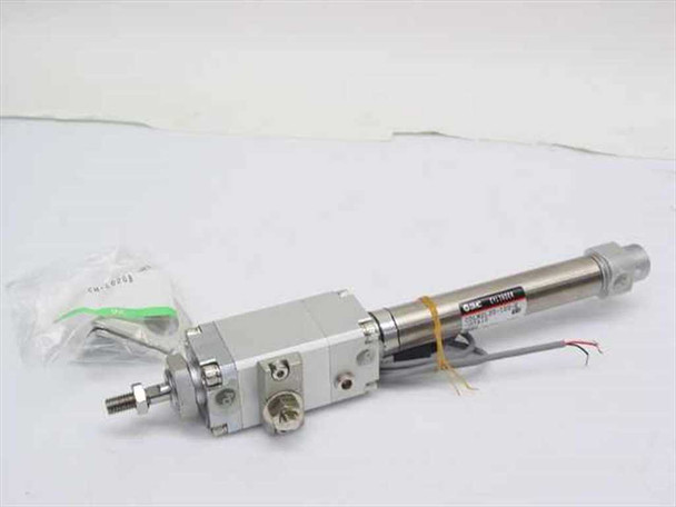 SMC CDLM2L20-100-E-H7A1S pneumatic linear actuator cylinder — full assembly with accessory bag, left-side view