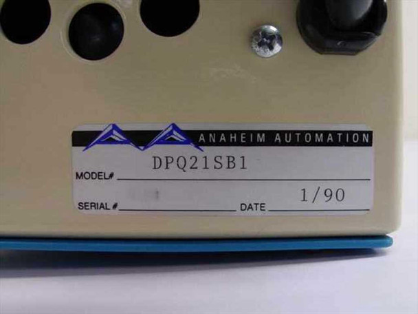 Anaheim Automation DPQ21SB1 – bottom label close-up showing model number DPQ21SB1, manufacture date 1/90, serial number field, and Anaheim Automation branding