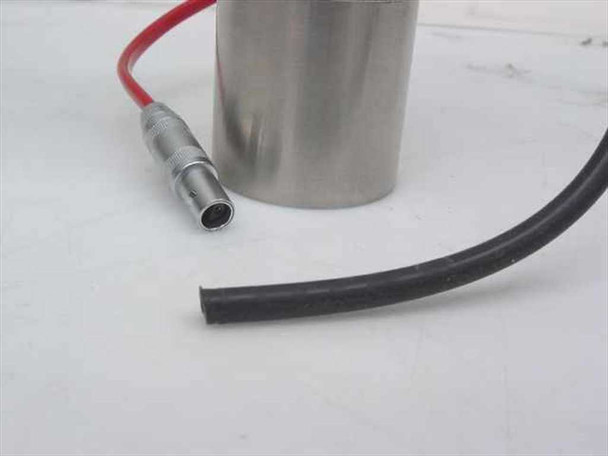 Close-up of stainless steel base cylinder and multi-pin circular connector on red lead wire of TMA quartz sample holder