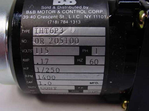 Japan Servo IHT6P3 motor rating plate showing Type IHT6P3, No. OR 205100, 115V, 1-phase, 0.17A, 60Hz, 1/250HP, 1400 RPM, Cap 1.0, Duty CONT — sold and distributed by B&B Motor & Control Corp
