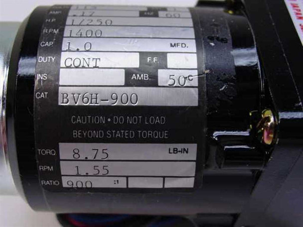 Japan Servo 6H900 gear head rating plate showing torque 8.75 Lb-In, output RPM 1.55, ratio 900:1, Catalog BV6H-900, ambient 50°C, continuous duty, caution do not load beyond stated torque