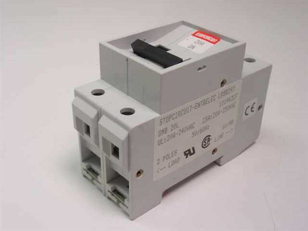 Entrelec GMB 20L circuit breaker side label view showing STOPCIRCUIT-ENTRELEC, GMB 20L, UL 20A-240VAC, CSA 20A-250VAC, 50/60Hz, 2 poles