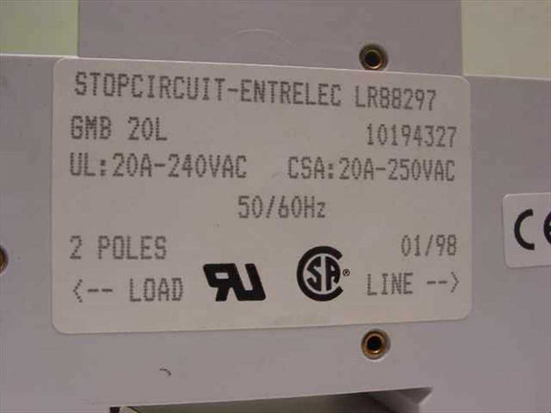 Entrelec GMB 20L rating plate close-up showing part number 10194327, LR88297, UL and CSA certifications, manufacture date 01/98, and load/line terminal markings