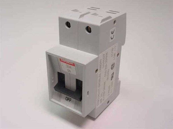 Entrelec GMB 20L 2-pole circuit breaker front view showing toggle switch in OFF position and red Entrelec label