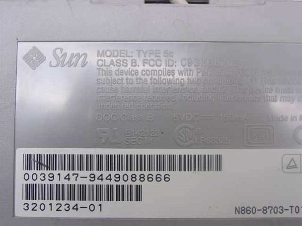 Sun Type 5c keyboard bottom label showing Model Type 5c, part number 3201234-01, N860-8703-T010, 5VDC 150mA rating, FCC and DOC Class B markings