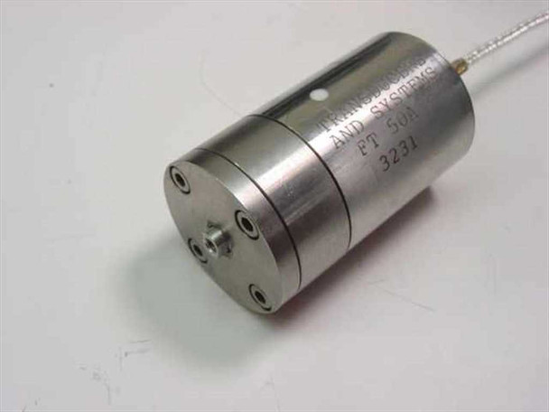 Transducers and Systems FT 50A LVDT transducer close-up showing cylindrical stainless steel body with engraved markings and coaxial cable connector