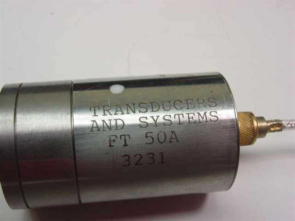 Transducers and Systems FT 50A LVDT transducer side view showing engraved text: TRANSDUCERS AND SYSTEMS, FT 50A, serial number 3231
