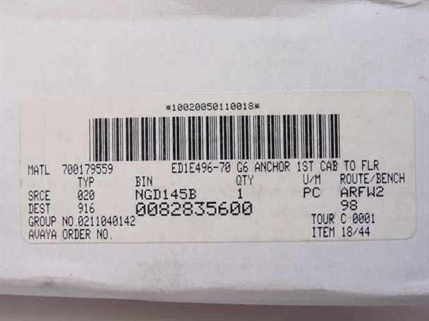 EDIE496-70 Avaya label close-up — shows part number EDI E496-70, material number 700179559, G6 Anchor 1st Cab to FLR description, QTY 1, bin NGD145B, barcode 0082835600