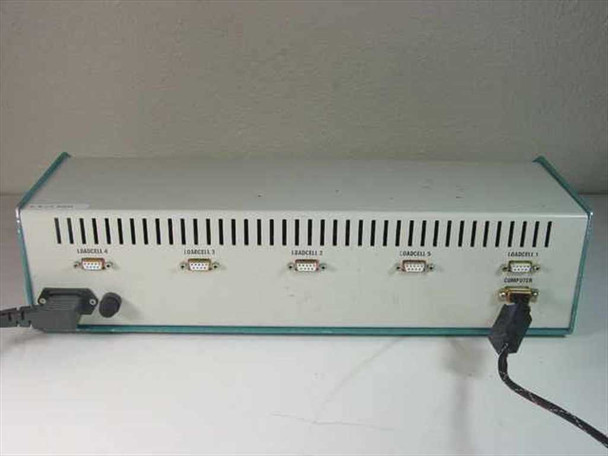 Advanced Imaging Robo4 rear panel showing five DB-9 LOADCELL ports (1–5) and one DB-9 COMPUTER RS-232 port with power cable connected