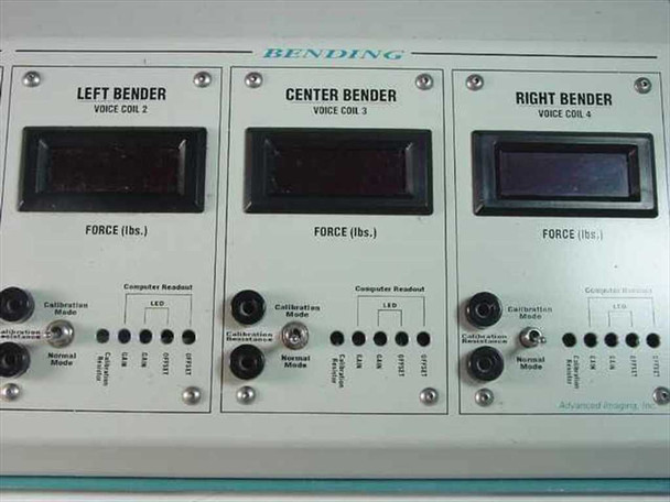 Advanced Imaging Robo4 close-up of LEFT BENDER, CENTER BENDER, and RIGHT BENDER sections – Voice Coils 2, 3, 4 – with LED force displays and calibration controls
