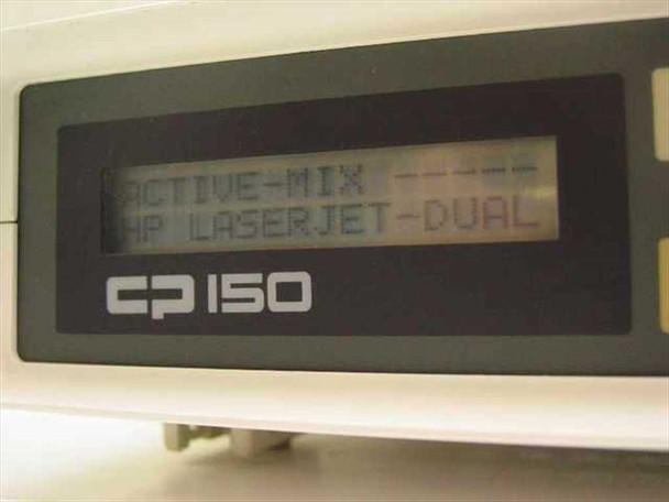 Adacom CP-150/1 LCD display close-up showing ACTIVE-MIX and HP LASERJET-DUAL configuration