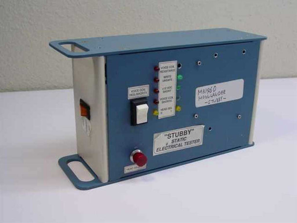 Moonlander Stubby M31460 Static Electrical Tester – front panel view showing LED indicators, toggle switch, red pushbutton, and product label