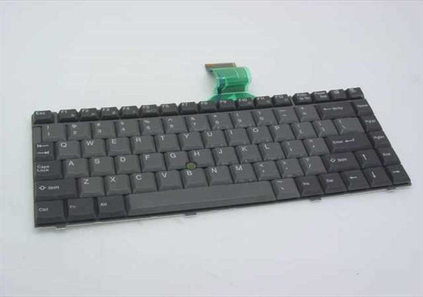 Toshiba laptop keyboard UE2005P02 – full top view showing dark gray key layout with flex ribbon cable