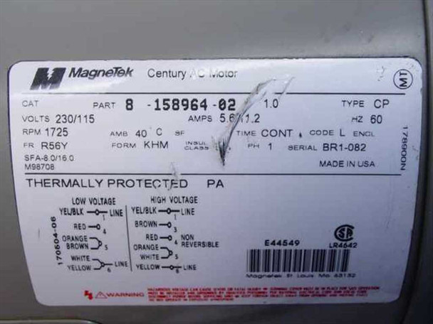 Magnetek Century AC Motor rating plate showing part 8-158964-02, 1HP, 115/230V, 1725 RPM, single phase, 60Hz, Frame R56Y, made in USA