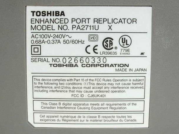 Toshiba PA2711U rating label – model PA2711U X, AC100-240V, serial number, Made in Japan