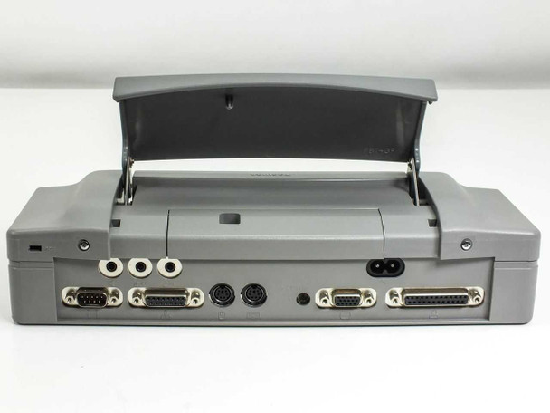 Toshiba PA2711U Enhanced Port Replicator – rear panel with laptop lid open, showing all rear ports
