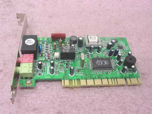 Encore ENF656-PCI-MOPR PCI modem – top-side PCB view showing Motorola controller chip, QC Pass sticker, and PCI edge connector