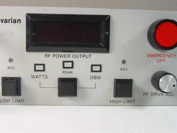 Varian VJW-2722H front panel close-up — RF Power Output digital display, Watts/Peak/dBW select buttons, Low/High Limit and RF Drive Adj controls