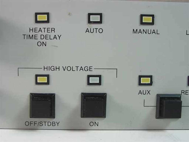 Varian VJW-2722H front panel close-up — Heater Time Delay On, Auto, Manual mode buttons and High Voltage Off/Stdby, On, Aux controls