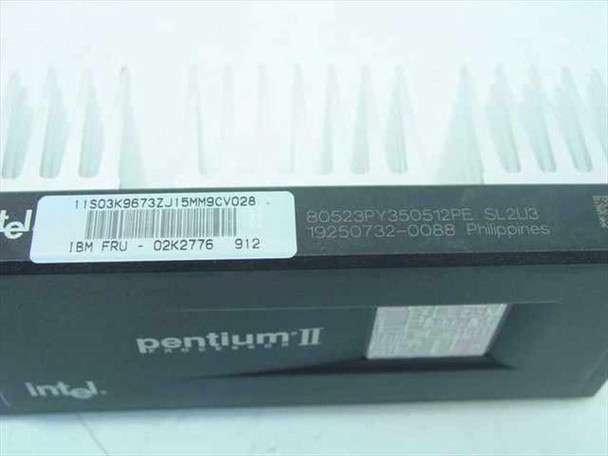 Intel Pentium II 350MHz CPU label closeup showing part number 80523PY350512PE, S-spec SL2U3, IBM FRU 02K2776, and Philippines origin