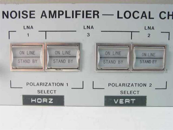 LNR Tridundant LNA front panel close-up – Polarization 1 and Polarization 2 Select push-button switches with HORZ and VERT labels, On Line/Stand By selectors for LNA 1, 2, 3