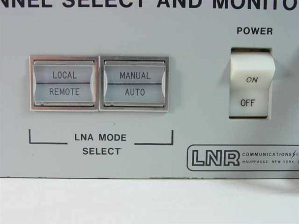 LNR Tridundant LNA front panel close-up – LNA Mode Select push-buttons (Local/Remote, Manual/Auto) and Power On/Off toggle switch with LNR Communications logo, Hauppauge NY