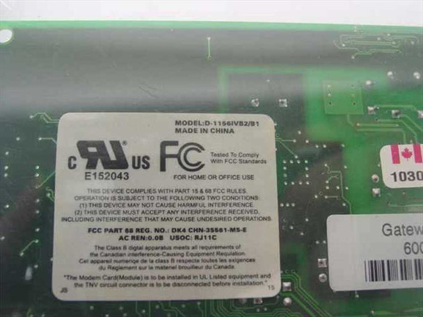 Gateway D-1156IVB2/B1 modem FCC compliance label showing model number, Made in China, FCC ID DK4 CHN-35561-M5-E