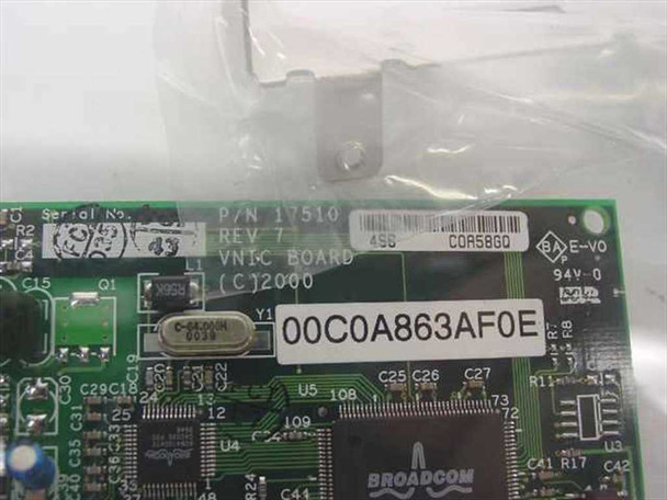 Gateway modem PCB close-up showing P/N 17510 Rev 7 VNIC board label, Broadcom chipset, and MAC address 00C0A863AF0E
