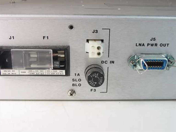 Scientific Atlanta 8761 LNA Power Supply – rear panel left section showing J1 AC inlet fuse block (100 VA max, 50/60 Hz), J3 DC IN connector, F3 1A SLO BLO fuse, and J5 LNA PWR OUT DB-15 connector