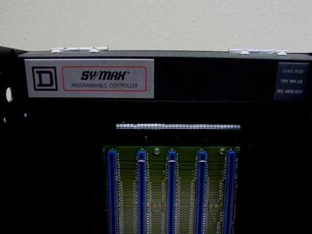 Square D SY/Max Class 8030 RRK-100 PLC Rack Assembly — front label showing SY/MAX Programmable Controller badge and Class 8030 Type RRK-100 tag