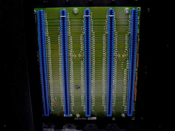 Square D SY/Max Class 8030 RRK-100 PLC Rack Assembly — close-up of green backplane PCB with five blue card-edge connectors