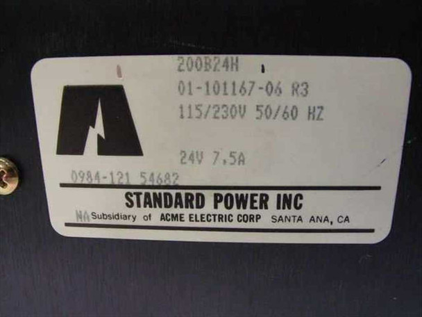 Close-up of Standard Power Inc. label on power supply module showing model 200B24H, part 01-101167-06 R3, 115/230V 50/60Hz input, 24V 7.5A output