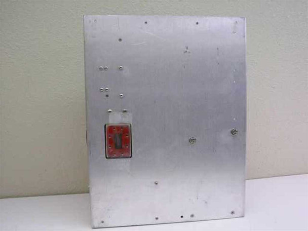 Rear view of aluminum mounting plate (14x18 in) showing waveguide switch port opening with red waveguide flange adapter