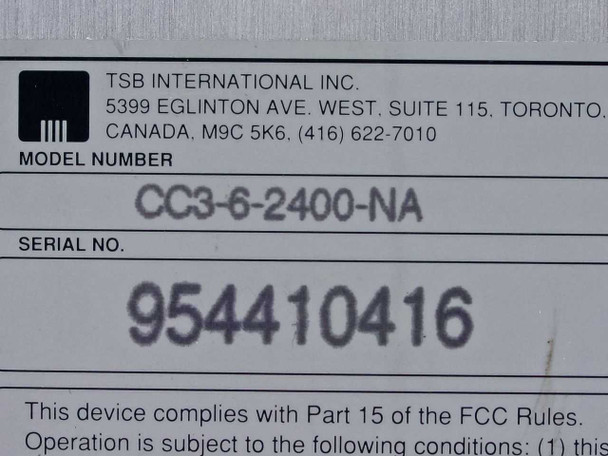TSB International CC3-6-2400-NA label closeup – model number and serial number 954410416 printed on bottom of unit