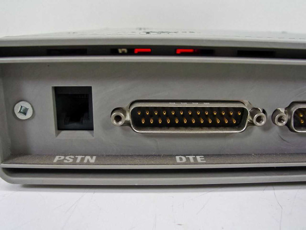TSB International CC3-6-2400-NA – front-rear port detail showing PSTN RJ-11 jack, DTE DB25 connector, and LED indicators on top edge