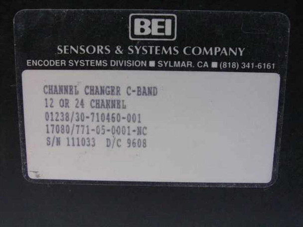BEI Sensors & Systems label showing model 01238/30-710460-001, Channel Changer C-Band, 12 or 24 Channel, serial number 111033, D/C 9608
