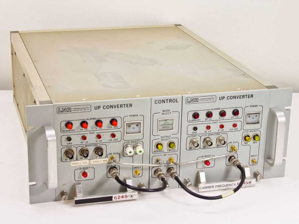 LNR UC6-D1 dual C-Band redundant upconverter system front panel view showing two UP CONVERTER modules and center CONTROL section