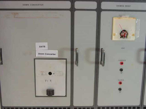 Close-up of Down Converter and DEMOD BSSC module front panels with indicator lights and DATS label