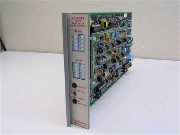 Tele Systems EC-4543 Echo Canceller W/SF Bypass card — angled front panel view showing RX OUT and TX IN terminal blocks and LED indicators