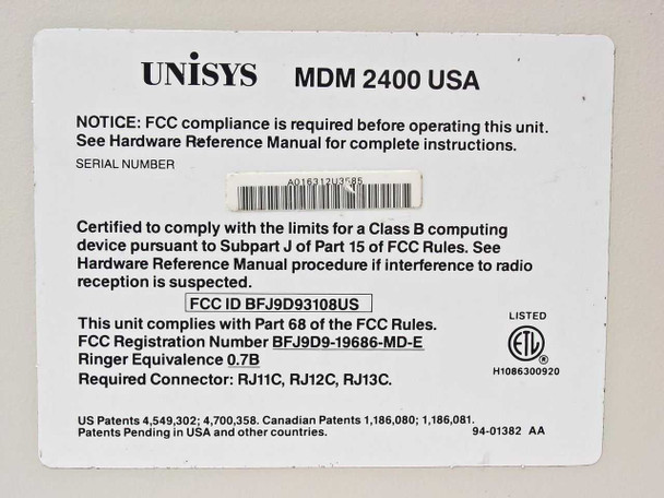 Unisys MDM 2400 USA bottom label showing FCC ID BFJ9D93108US, FCC Registration Number, serial number barcode, and RJ connector specifications