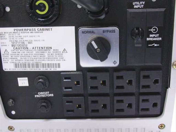 Exide PowerPass Cabinet rear panel with Normal/Bypass rotary switch, NEMA output outlets, and rating plate