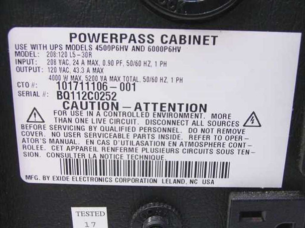 Exide 208:120 L5-30R PowerPass Cabinet UPS - Prestige PowerWare - No Batteries