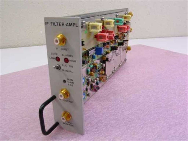 Scientific Atlanta 262200 IF Filter Amplifier module front panel and PCB — three-quarter view showing IF Input, IF Output, Level Alarms, ALC On/Manual switch, and Man Gain Adj controls