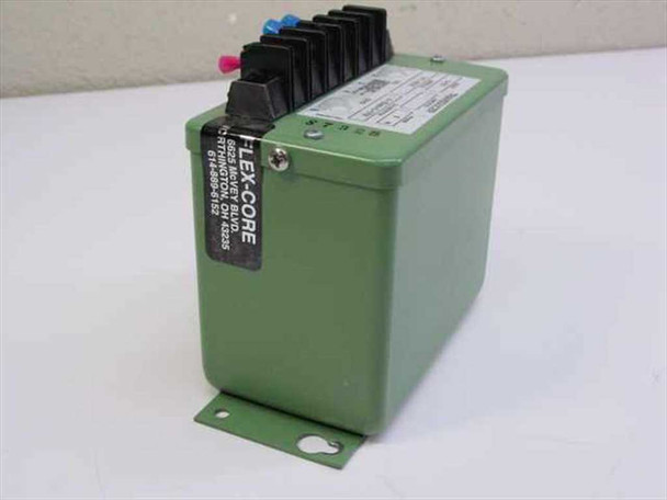 Flex-Core VT7-003E transducer — left-side view showing Flex-Core manufacturer label and green enclosure with mounting bracket