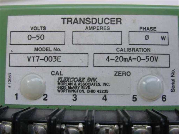 Flex-Core VT7-003E — rear nameplate showing Volts 0–50, Model VT7-003E, Calibration 4-20mA=0-50V, CAL and ZERO adjustment knobs, and Flexcore Div. / Morlan & Associates Worthington Ohio