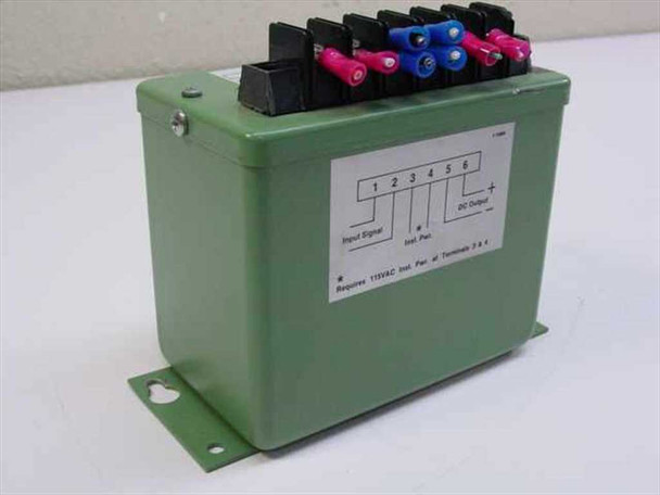 Flex-Core VT7-003E AC voltage transducer — front and top view showing green enclosure, screw terminal block with color-coded wiring, and wiring diagram label