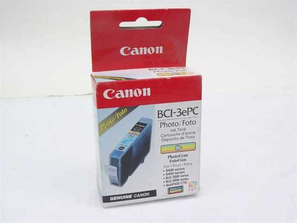 Canon BCI-3ePC Photo Cyan Ink Tank in original retail box — front view showing PhotoCyan label and compatibility list