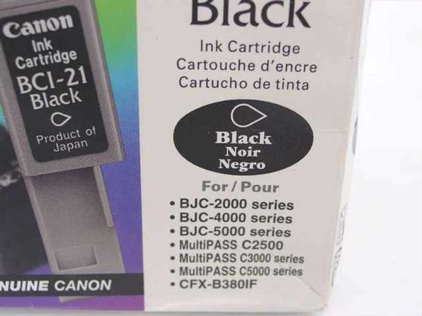 Canon BCI-21 Black Ink Cartridge box detail showing BJC and MultiPASS compatibility list and Product of Japan label