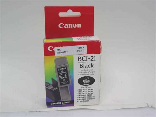 Canon BCI-21 Black Ink Cartridge in open retail box – front view showing model and compatibility list